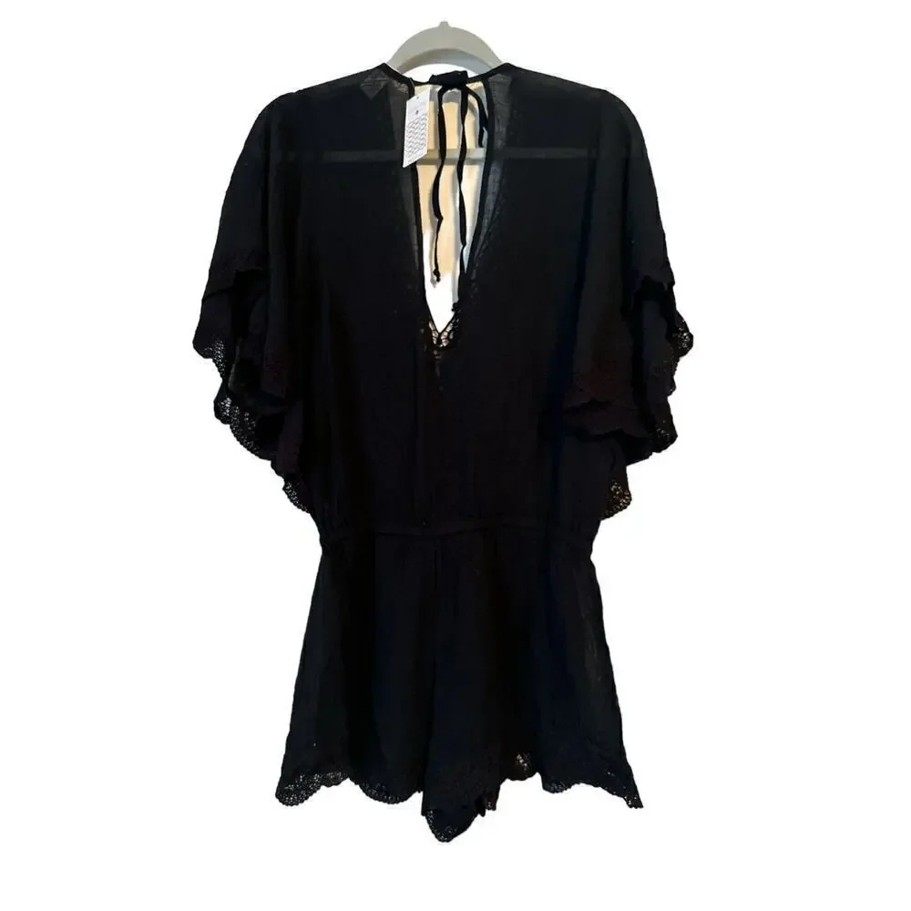 Eberjey Women's Sol Liberty Lace Trimmed Swim Cover-Up Romper Size S/M Black NWT